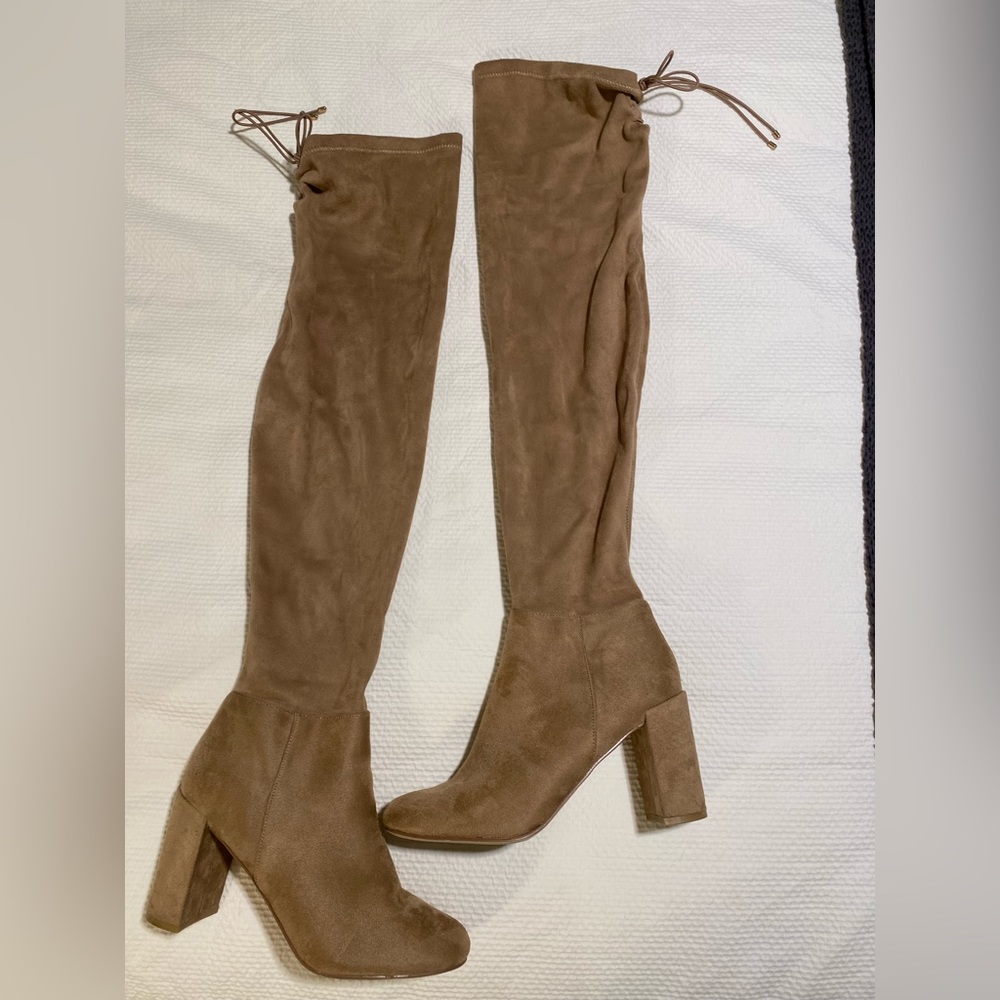 Beige over the knee heeled boots